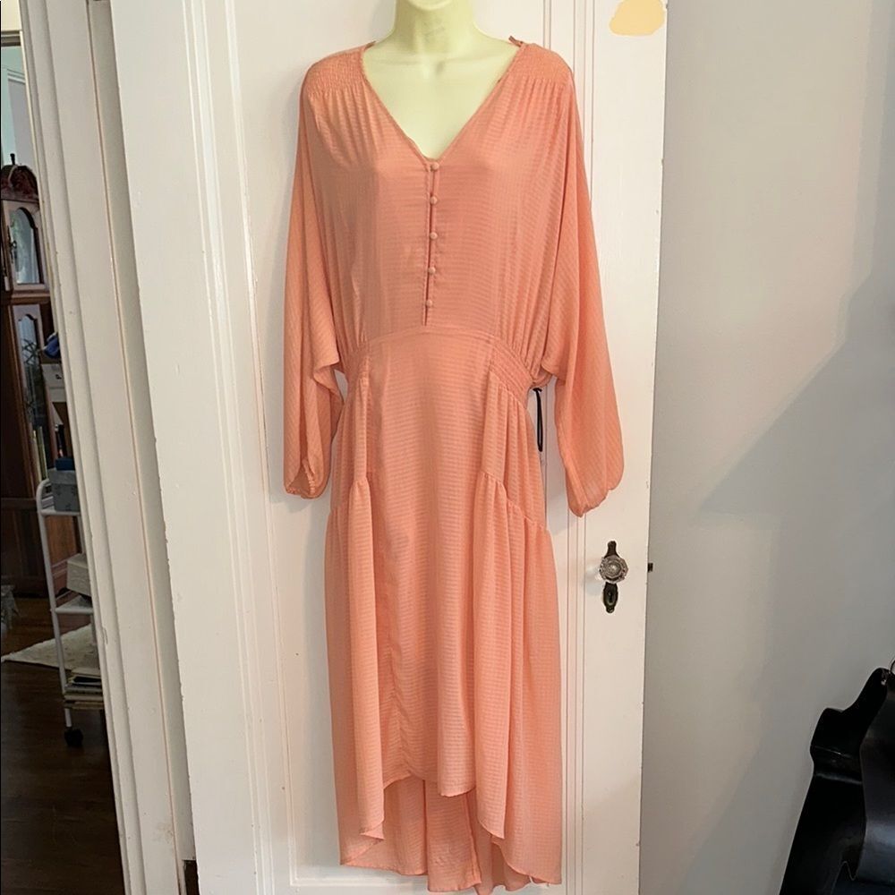 NWOT PrologueโPeach Hi-Lo dressโ with smocked waistband & button front
